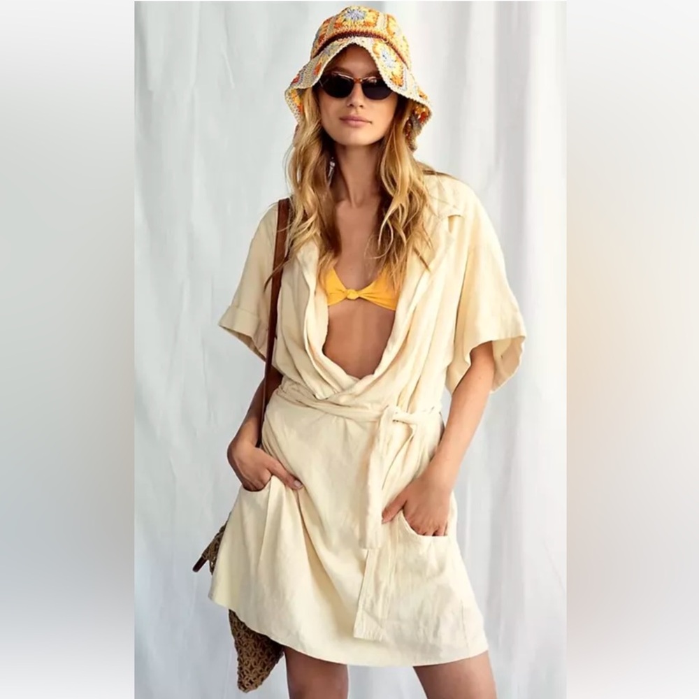 Free People Linen Sensual Safari Washed Black Wrap Dress Size XS Women's